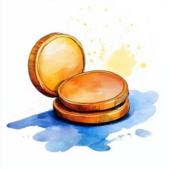 Golden Coins Watercolor Illustration Hand Drawn Stack of Two Open Coins on Blue and Yellow Wash