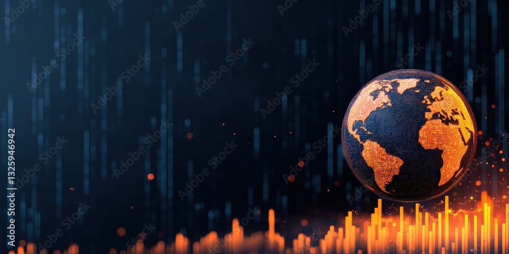 Poster a stylized digital globe surrounded by vibrant orange lines, symbolizing data flow and connectivity 
