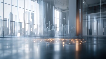 Modern office interior with city view and digital network