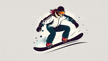 Snowboarder performing tricks in a whimsical minimalist style on a snow-covered slope during a bright clear day