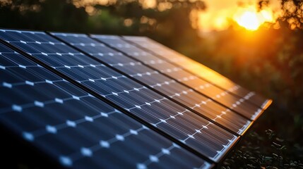 Solar panels absorbing sunlight during sunset in nature