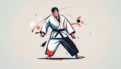 Dynamic judo character in minimalist design showcasing playful energy and movement with colorful accents