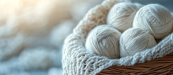A collection of white wool yarn balls on a knitted background, with empty space for text and design elements