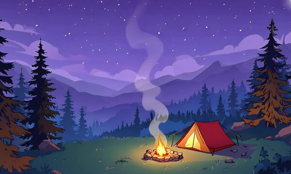 camping atmosphere in nature anime style,game,cartoon style,lofi