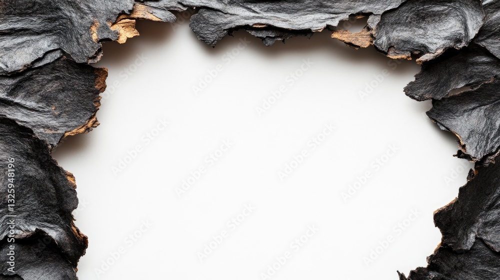 Poster A close-up of a burnt hole in a paper frame, showing the charred edges and texture, isolated on a white background for an artistic and dramatic effect