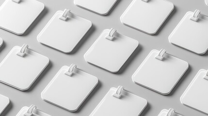 Blank white tags arranged on a gray surface