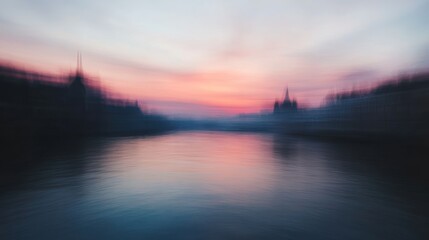 Blurry sunset over calm river with city skyline in background.