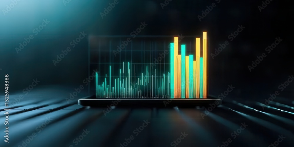 Aufkleber A sleek 3D graph displays rising data trends against a dark backdrop, emphasizing technology and analytics.