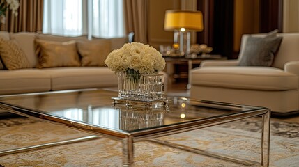 Freestanding coffee table with a glass top and metal frame in a chic living room.