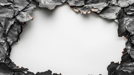 A close-up of a burnt hole in a paper frame, showing the charred edges and texture, isolated on a white background for an artistic and dramatic effect