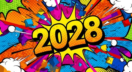 Obraz premium Bold Comic Style 2028 Announcement with Colorful Graphic Elements