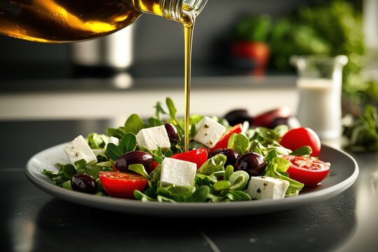 Golden olive oil being poured over a fresh salad with feta cheese, tomatoes and olives, creating a visually appealing and healthy culinary composition in a bright kitchen setting.