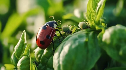 Obraz premium Ladybug on Basil Plant