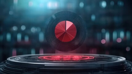 A futuristic digital interface featuring a rotating red pie chart against a glowing, high-tech background.