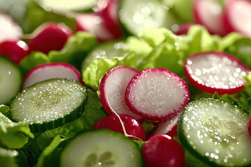 A close-up of a vibrant and healthy salad featuring fresh lettuce, crisp cucumber slices, and bright red radishes, illuminated by soft, natural light.