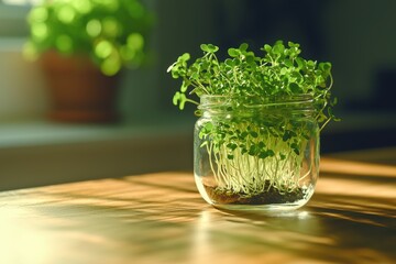 A vibrant display of fresh microgreens sprouting in a glass jar, bathed in warm sunlight, creating a rustic and healthy living aesthetic on a wooden table.