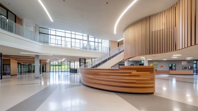 Modern school foyer with curved reception desk