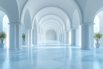 3D rendering of a white empty room with arches on both sides, minimalist design, modern architectural space.