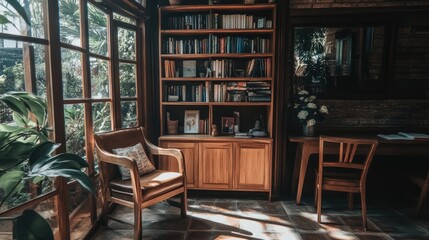 Freestanding wooden bookshelf filled with decor and books in a cozy study.