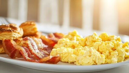 A plate featuring scrambled eggs, crispy bacon, and flaky biscuits, set against a warm, softly lit background. Concept Breakfast Plate Photography, Comfort Food Styling, Warm Lighting Effects