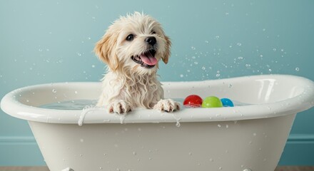 Pet dog happily taking a bath
