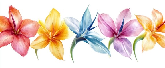 Fototapeta premium Tropical flowers with vibrant colors and distinctive shapes, set against a light background, providing space for text