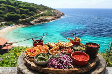 Obraz premium A delightful spread of Mediterranean appetizers overlooking a stunning turquoise sea, perfect for a scenic dining experience or summer gathering.