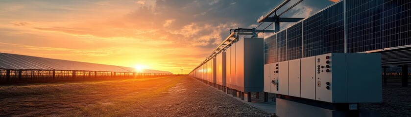 Fototapeta premium Large-scale solar power inverter seamlessly connected to the grid, harnessing renewable energy for sustainable living.