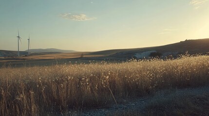 Golden hour vista, wind turbines, arid landscape