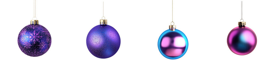 An arrangement of various shimmering and textured Christmas ornament balls in a range of vibrant purple blue and pink metallic tones creating a modern and elegant holiday display