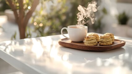 Fototapeta premium A steaming cup of coffee beside a plate of cookies on a table, with blurred greenery in the background. Concept Cozy Coffee Moment, Delicious Cookies, Nature's Backdrop, Warm Hospitality