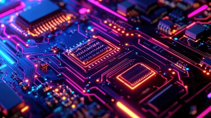 Circuit Board Close-up with Neon Glow