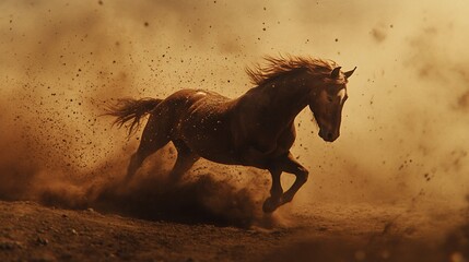 Majestic Horse Galloping Through Dusty Terrain with Impressive Speed