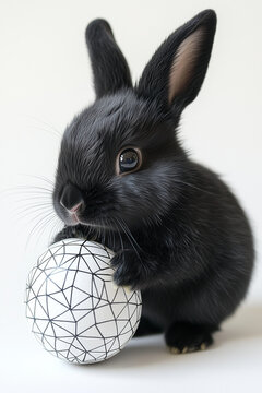 A black baby bunny is playing with Easter egg covered in geometric patterns on the white background. Close up. Minimal Easter wallpaper