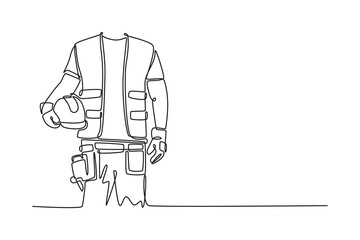 Single continuous line drawing male architect hand holding safety helmet or hard hat at site. Construction worker man with vest and protective gloves. One line draw graphic design vector illustration