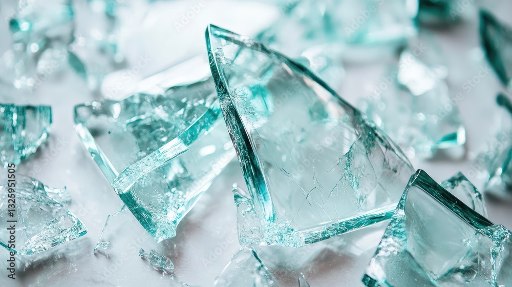 Poster a close-up of glass shards from a broken wine bottle, scattered on a white surface, capturing the sh