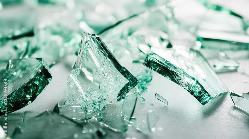 Poster a close-up of glass shards from a broken wine bottle, scattered on a white surface, capturing the sh