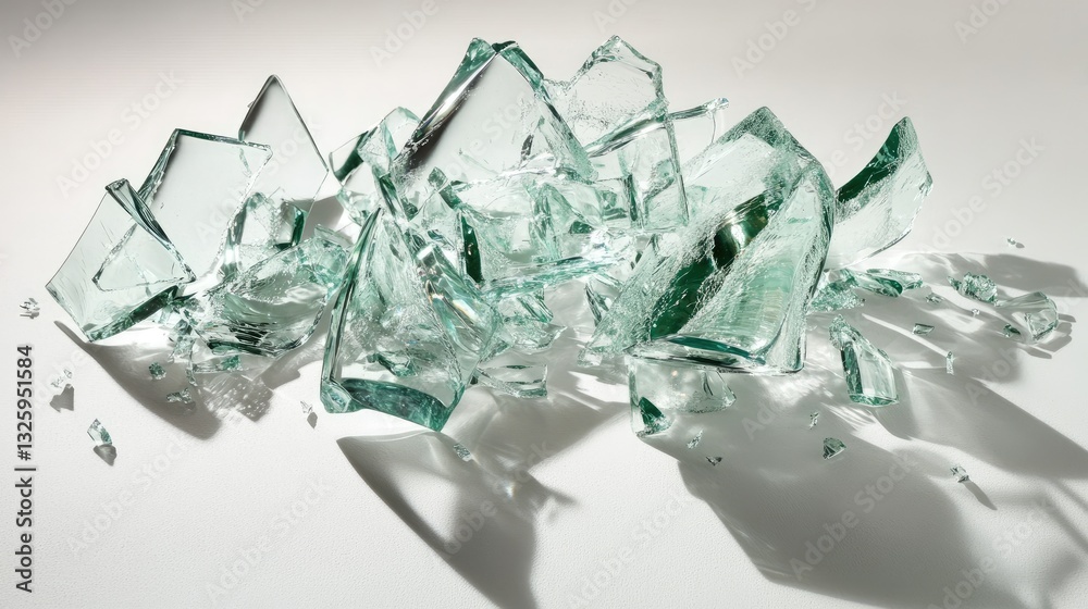 Poster a close-up of glass shards from a broken wine bottle, scattered on a white surface, capturing the sh
