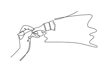 Single continuous line drawing hand of young workman painting house wall decoration with paint brush. Painting wall renovation service concept. Dynamic one line draw graphic design vector illustration
