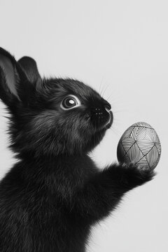 Black and white photo of a black bunny holding up an Easter egg on a white background.  Close-up sideview portrait. Minimal Easter idea