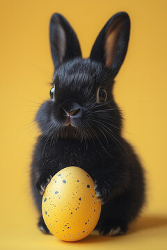 Minimal Easter wallpaper with a black rabbit holding a yellow Easter egg and looking at the camera, against a yellow background. Close up. 