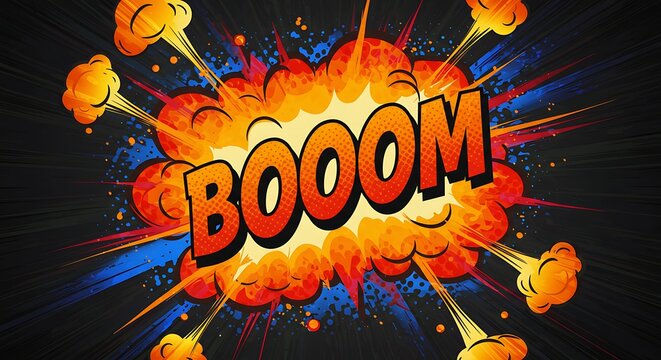 Explosive Comic Style Artwork Featuring Bold Booom Text with Colorful Background Effects