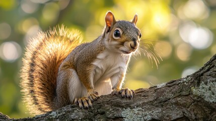 Obraz premium Squirrel on Branch, Sunlight, Forest Background, Wildlife Portrait