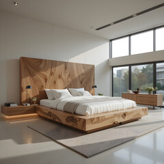 modern bed, spacious bedroom, Spacious Modern Bedroom | Bed with Light Brown Wood Design
