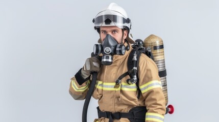 Firefighter in Full Gear with Breathing Apparatus Preparing for Fire Emergency Response