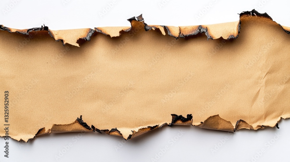 Poster a close-up view of a paper with a burnt hole, highlighting the jagged, burnt edges and the raw textu