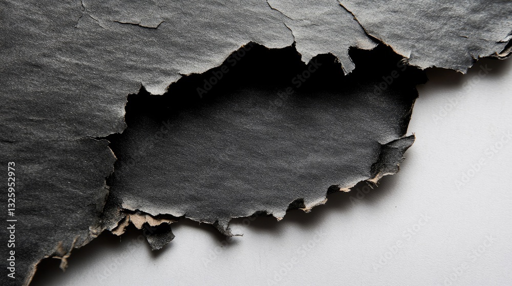 Poster a close-up view of a paper with a burnt hole, highlighting the jagged, burnt edges and the raw textu