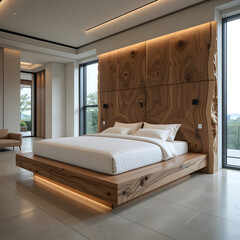 modern bed, spacious bedroom, Raw Wood Headboard | Modern Bed with Natural Grain Patterns
