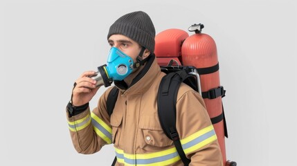 Naklejka premium Firefighter in Protective Gear with Breathing Apparatus and Safety Mask Ready for Action