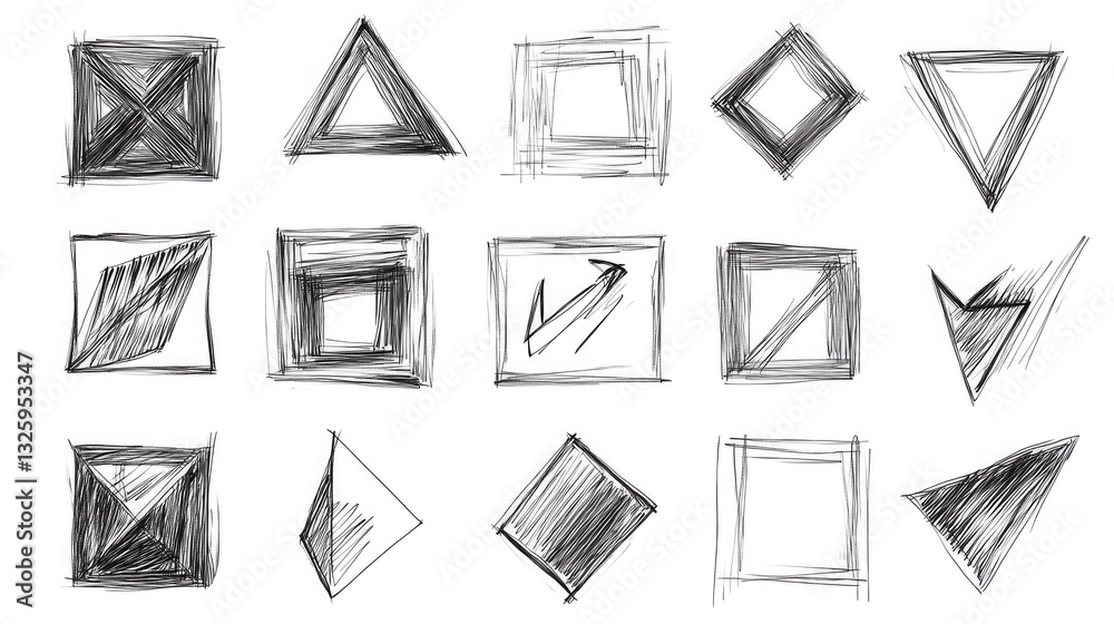 Poster a collection of hand-drawn squares and arrows on a white background, representing basic geometric sh